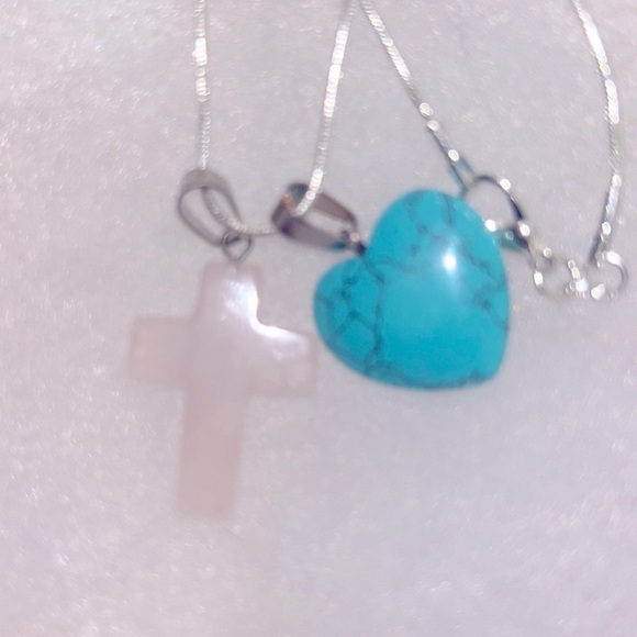 Boho hippie Rose Quartz Crystal Cross & Turquoise heart Sterling Silver 16” N… - Picture 5 of 6